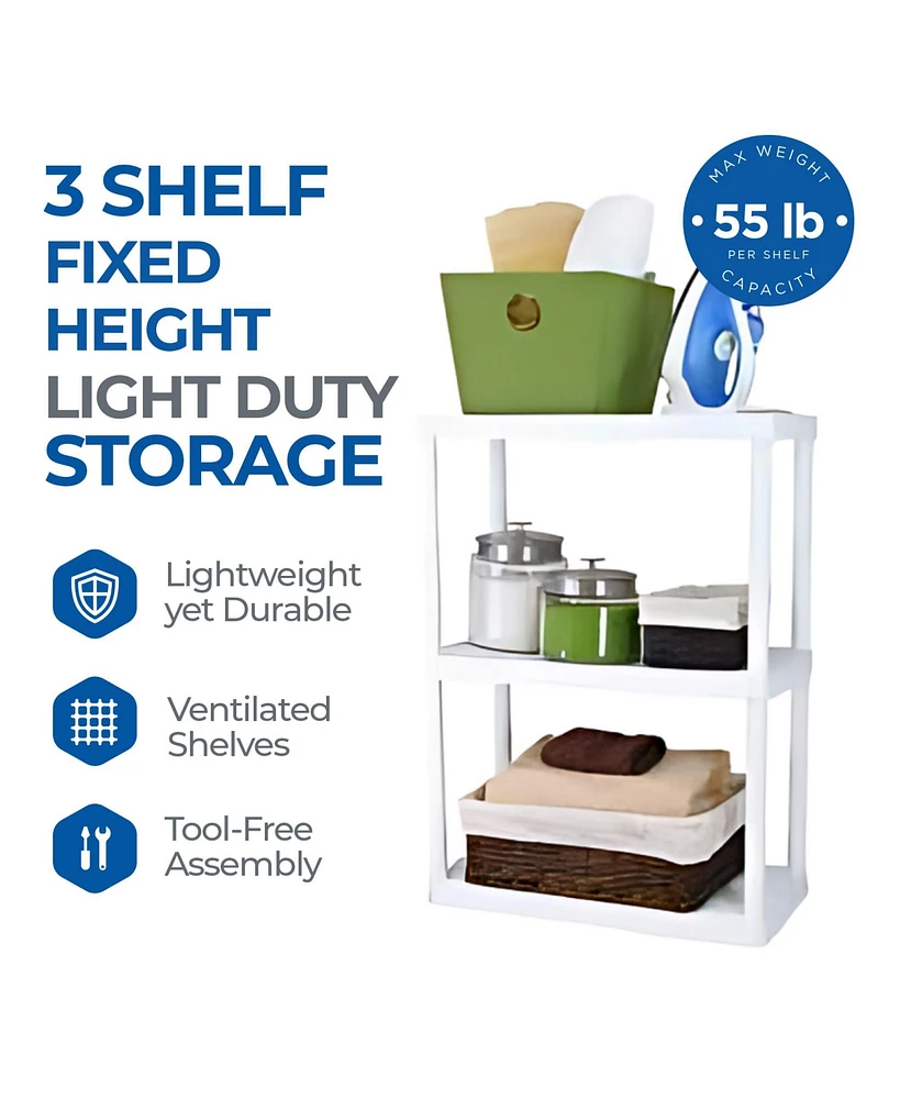 Gracious Living 3 Shelf Fixed Height Solid Light Duty Home Storage Unit, White