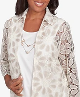 Alfred Dunner Women's Coming up Roses Medallion Lace Two in One Top with Necklace