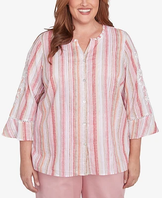 Alfred Dunner Plus Size Coming Up Roses Striped Button Down Embroidered Sleeve Top