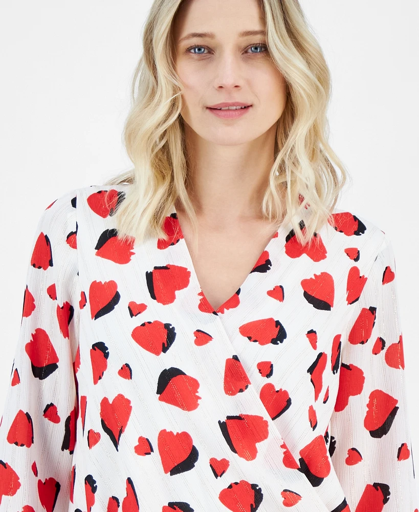 T Tahari Women's Heart-Print Faux-Wrap Long-Sleeve Blouse