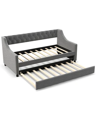 Twin Size Daybed with Trundle Sofa Bed with Curved Armrests and Backrest