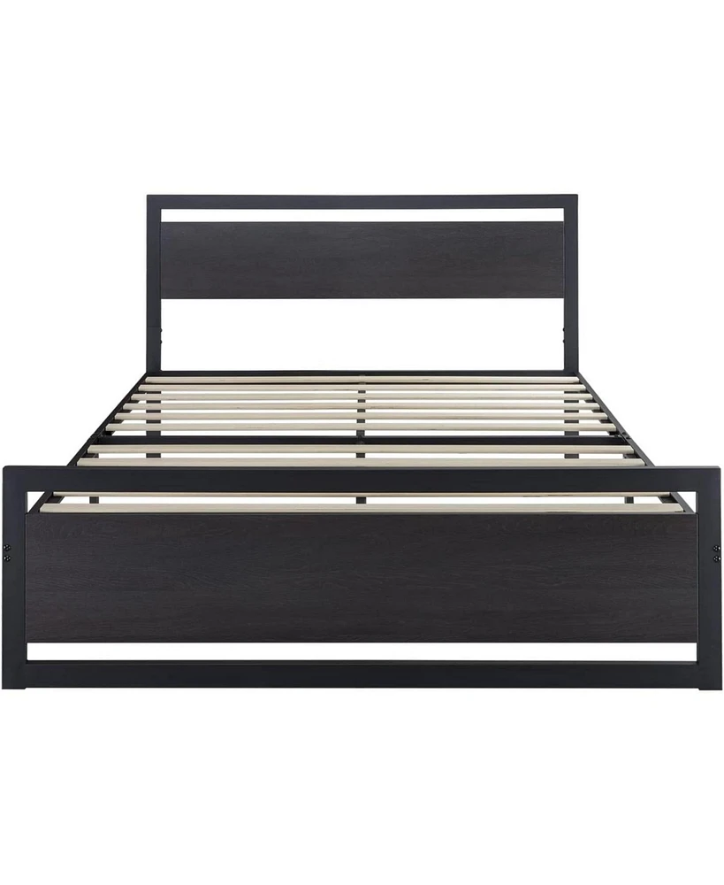 Industrial Metal Platform Bed – Wood Headboard and Footboard with Slat Support, No Box Spring Required