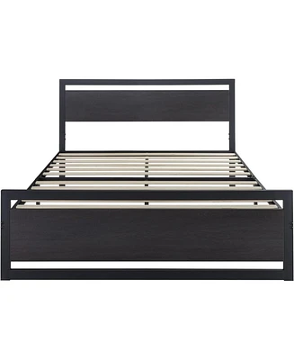 Industrial Metal Platform Bed – Wood Headboard and Footboard with Slat Support, No Box Spring Required