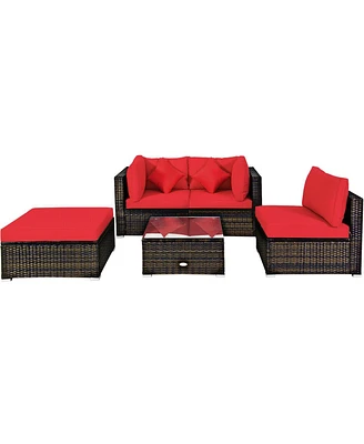 5 Pcs Outdoor Patio Rattan Furniture Set Sectional Conversation with Cushions
