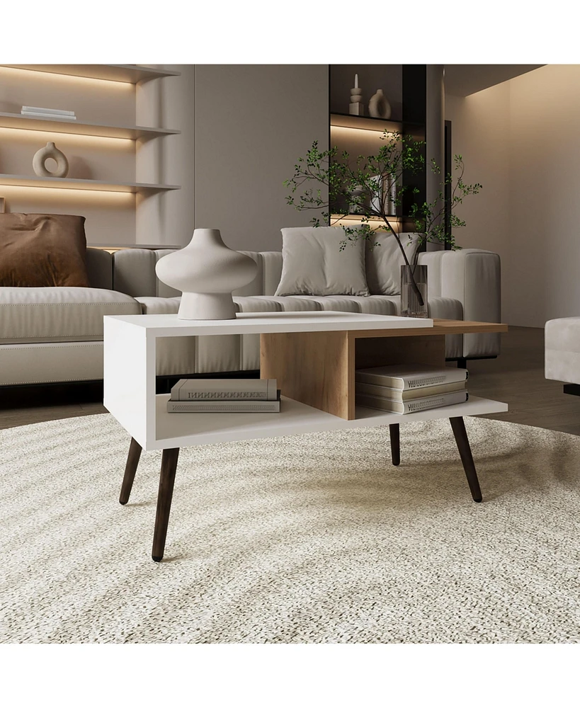 Drexel Coffee Table, 2 Shelves, 4 legs, White / Natural Oak