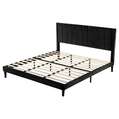 Velvet Upholstered Platform Bed Frame with Headboard – Modern Wood Slats, No Box Spring Needed
