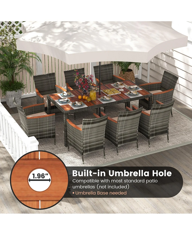 Gymax 9 Pcs Wicker Dining Set Patio Dining Furniture Set w/ Acacia Wood Table & 8 Armchairs