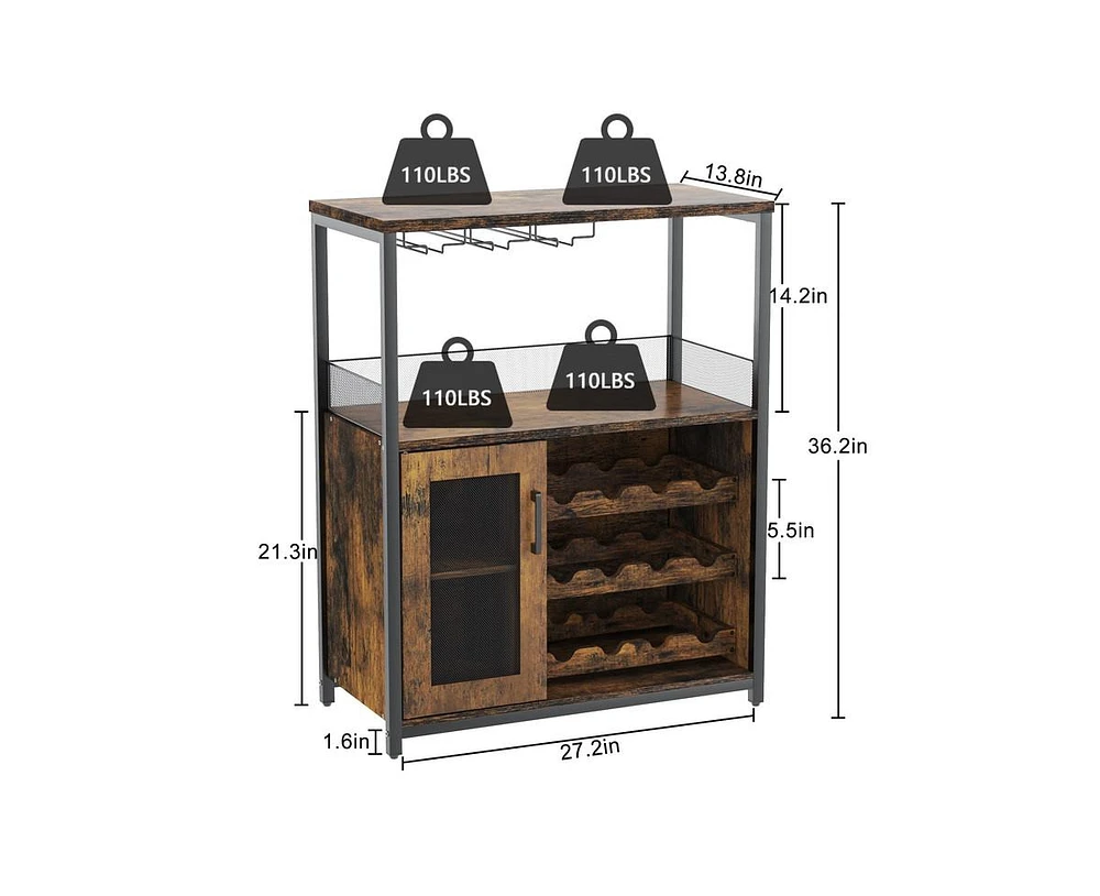 gaomon Wine Bar Cabinet with Detachable Wine Rack, Bar Rack Cabinet with Glass Holder and 1 Drawer, Mesh Door, Small Sideboard and Buffet Cabinet for