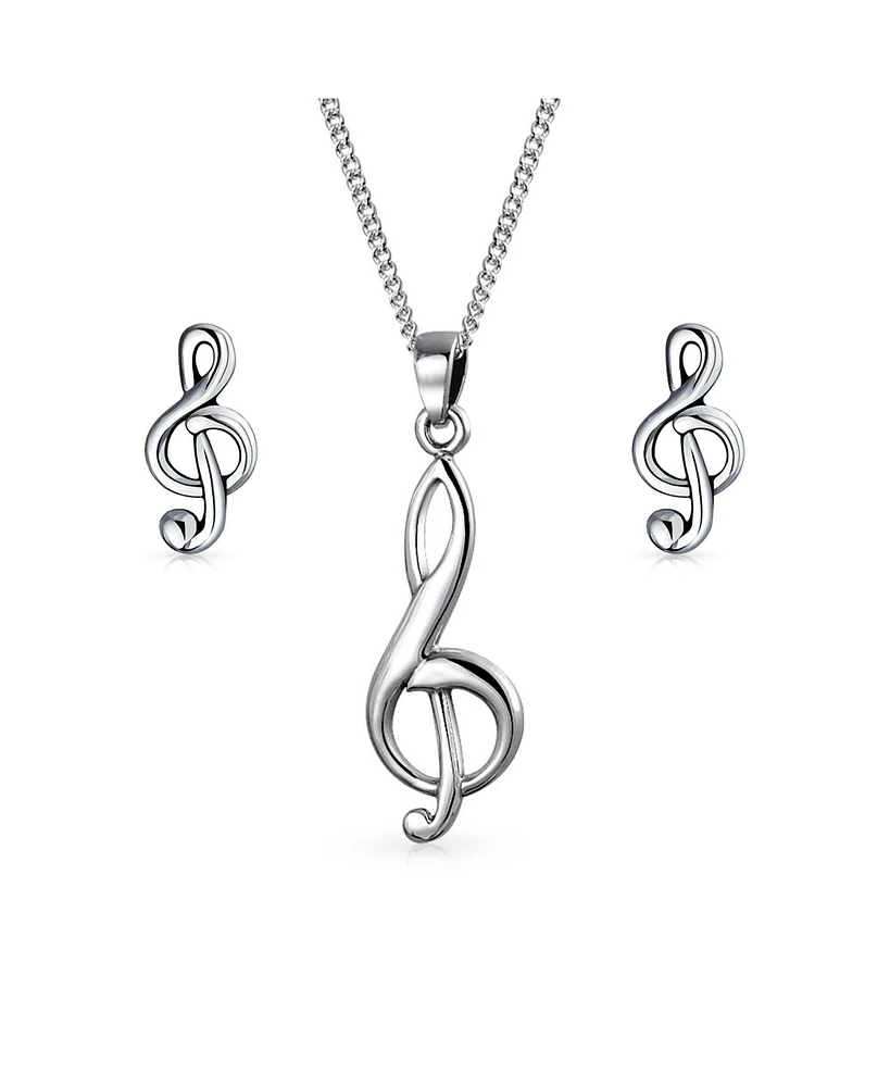 Bling Jewelry Musician Treble Music Note Stud Earrings and Pendant Necklace Silver Jewelry Set