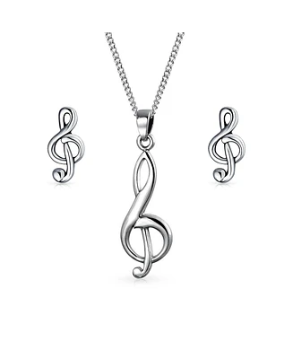 Bling Jewelry Musician Treble Music Note Stud Earrings and Pendant Necklace Silver Jewelry Set