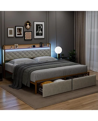 gaomon Bed Frame with Headboard and 2 Drawers, Metal Platform with Usb Ports and Outlets
