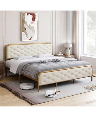 gaomon King Bed Frame with Button Velvet Headboard