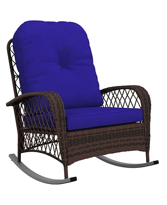Outsunny Outdoor Wicker Rocking Chair Wide Cushion, Steel Frame,