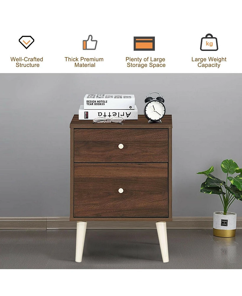 Gymax Nightstand 2-Drawer Beside End Side Table w/Rubber Legs Oak Finish