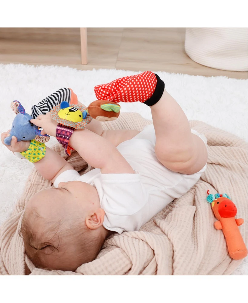 The Peanutshell Safari Baby Rattle Socks and Wrist Rattle Set, 5 Piece