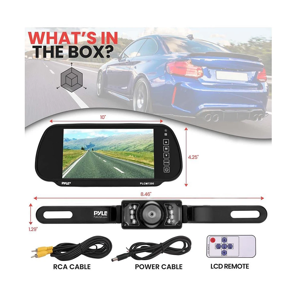 Pyle Car Camera & Rearview Mirror Display Kit, 7'' Lcd, Night Vision, Waterproof