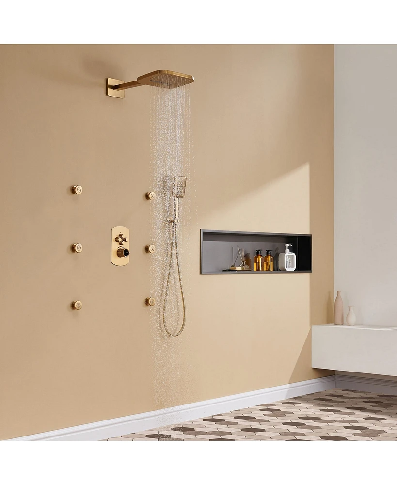 4 Function Luxury Shower System with Body Jets and Handheld alancing Valve Rainfall Head, Matte Black