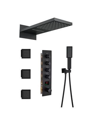 Boyel Living Black Luxury Temperature Thermostatic Shower System Wtih Handheld Sprayer Wall Mount Rain Dual Shower Heads With 3 Body Jet