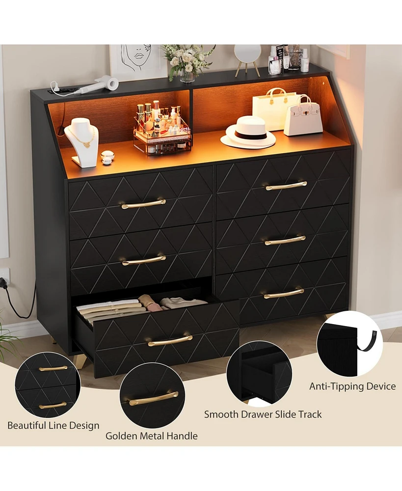 gaomon Dresser with Charging Station, Led Tv Stand 6 Drawers, Wood Modern Dressers & Chests of Drawers for Closet, Bedroom, Living Room,