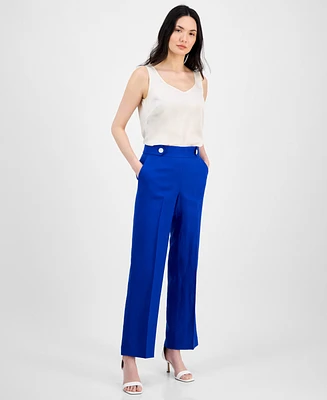 Anne Klein Women's Linen Blend High Rise Side-Tab Pull-On Pants