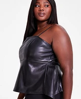 Bar Iii Trendy Plus Size Faux-Leather Peplum Top, Exclusively at Macy's