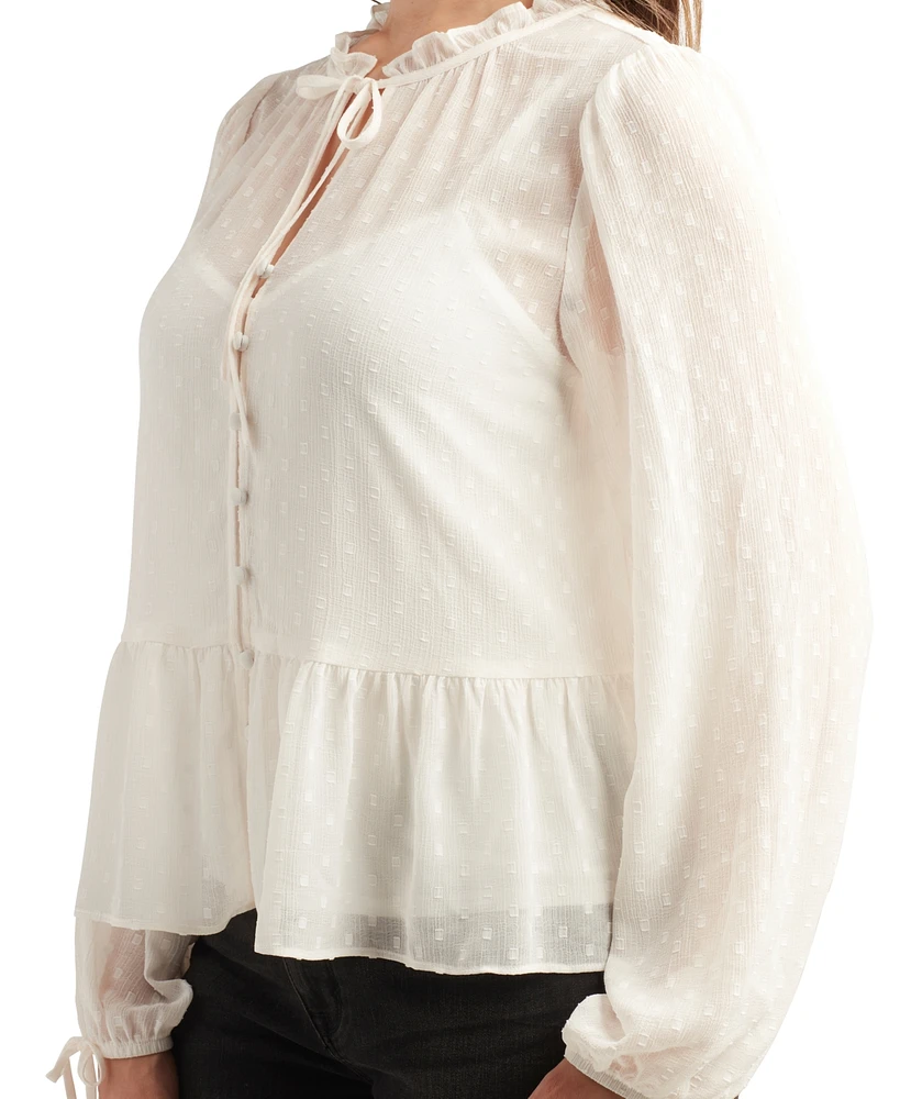 Bcx Juniors' Swiss-Dot Peplum-Hem Tie-Cuff Blouse
