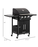 Outsunny 3 Burner Gas Grill w/ Wheels, Storage Shelves, Thermometer,
