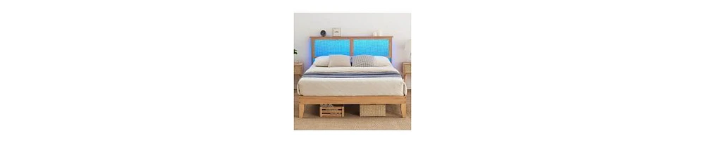 gaomon Full Size Bed Frame with Natural Rattan Headboard & Integrated Led Lights
