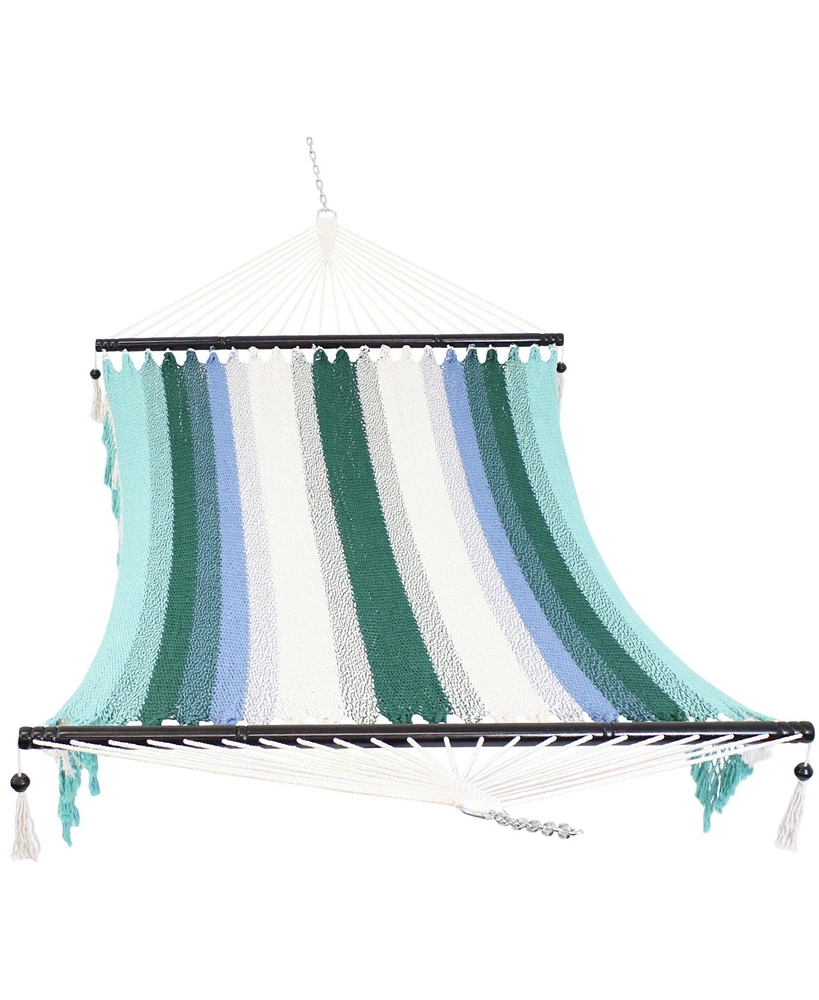 Heavy-Duty 2-Person Woven Polyester Style Hammock with Crocheted edges and Wooden Spreader Bars - 600 lb Weight Capacity