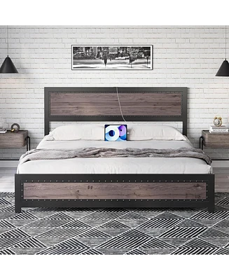 gaomon Queen Size Bed Frame with Headboard, Industrial Platform Bed Frame with Charging Station, No Box Spring Required, Easy to Assemble, Wooden Matt