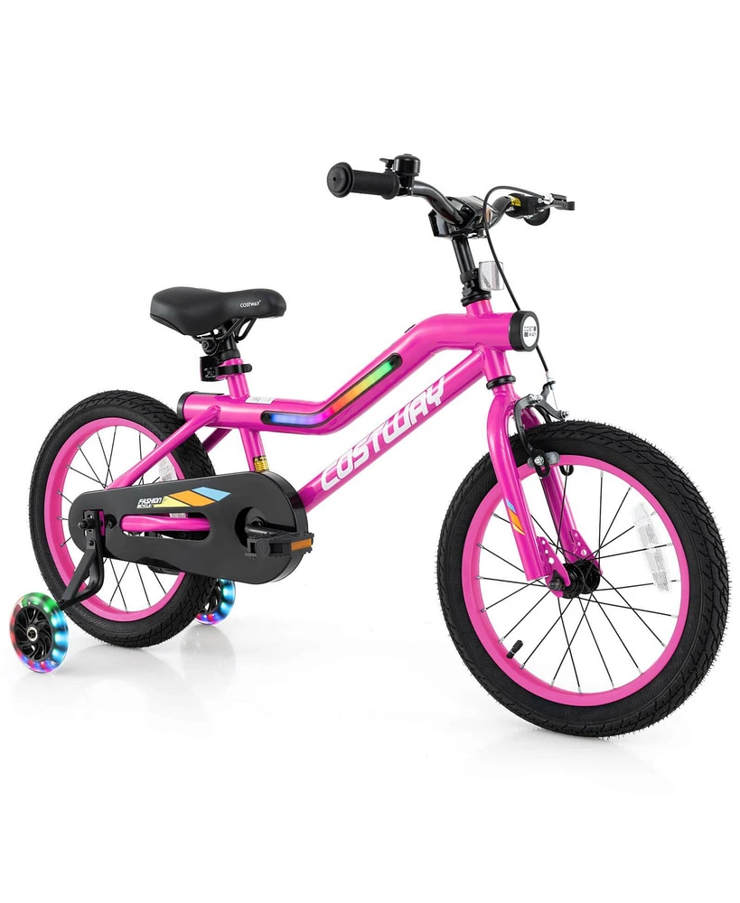 16" Led Lighted Kids Bike with Adjustable Seat Coaster Brake Training Wheels