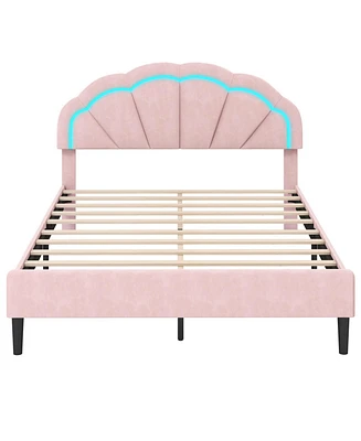 Queen Size Upholstered Led Bed Frame with Adjustable Flower Headboard and Metal Support Legs
