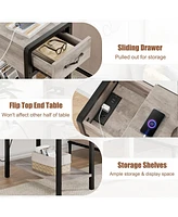 gaomon End Table with Usb Ports and Outlets, Flip Top Side Table Narrow Bedside Table with Drawer and Storage Shelves for Living Room, Rustic Grey