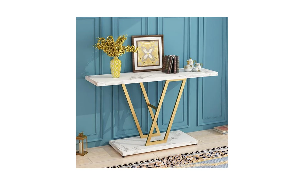 Slickblue Industrial Console Table for Entryway, Gold Frame with Faux Marble Top