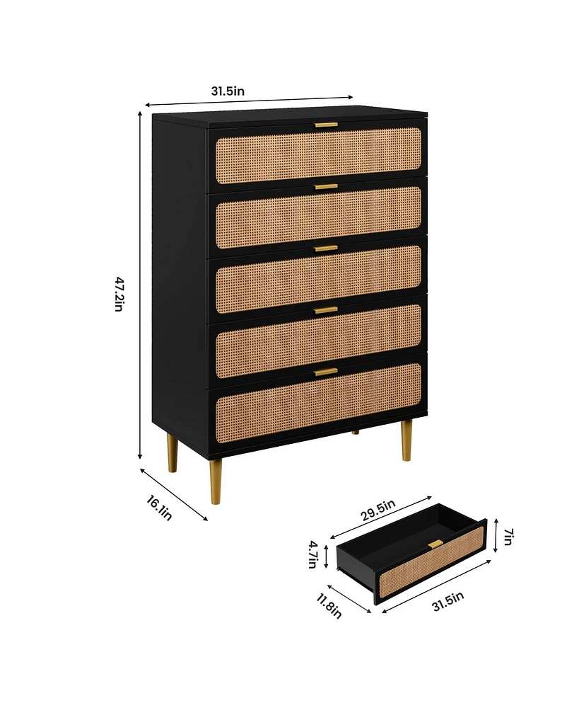 gaomon Rattan 5 Drawer Dresser for Bedroom
