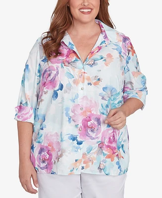 Alfred Dunner Plus Size Classic Floral Watercolor Button Down Top