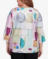 Alfred Dunner Plus Size Classic Geometric V-Neck Three Quarter Sleeves Top