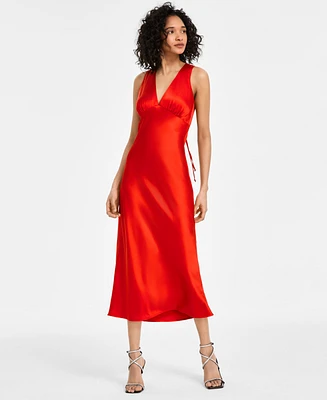 Emerald Sundae Juniors' V-Neck A-Line Satin Midi Dress