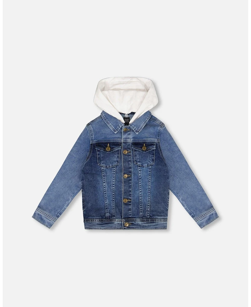 Deux par Deux Boy Denim Jacket With French Terry Hood White And Denim Blue - Toddler|Child
