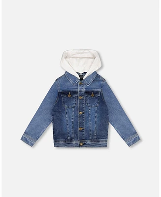 Deux par Deux Boy Denim Jacket With French Terry Hood White And Denim Blue - Toddler|Child