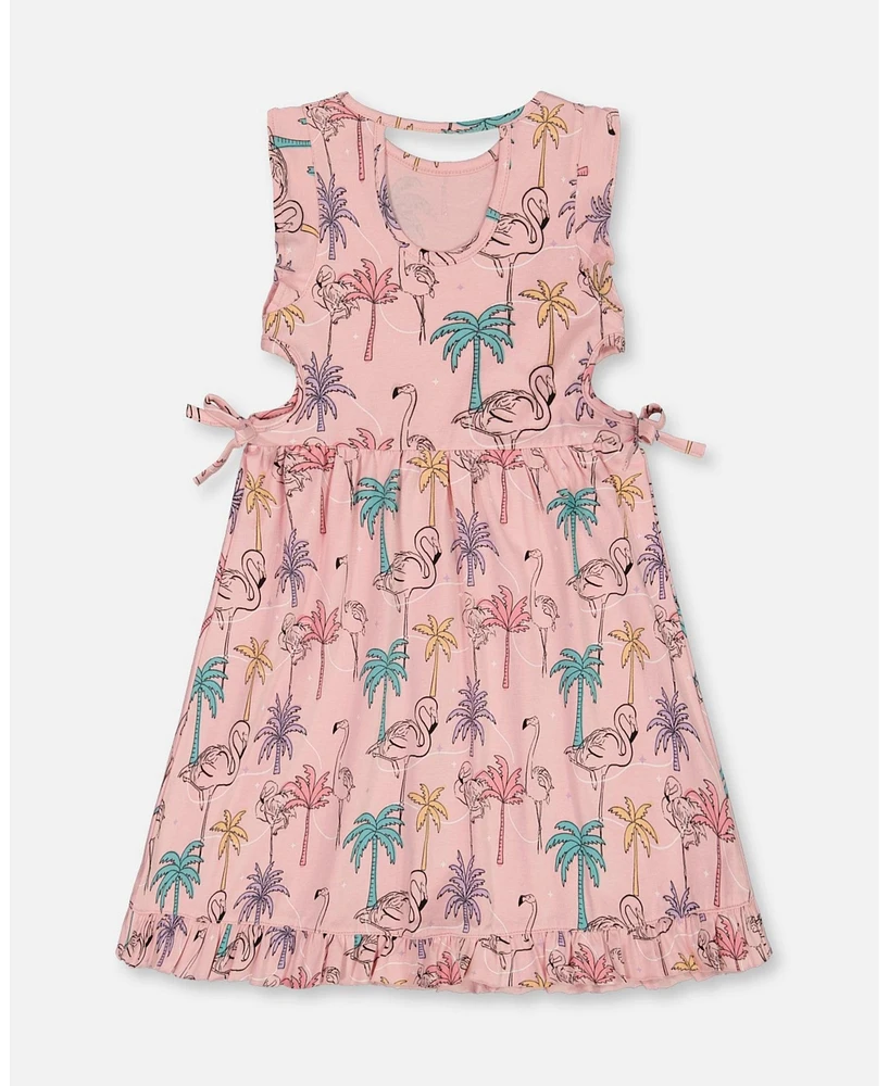 Deux par Toddler Girls Printed Organic Cotton Dress With Cut Outs Palm Trees, Pink Flamingo, And Turquoise - Toddler|Child