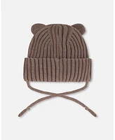 Deux par Deux Baby Boys Knit Hat With Strings Taupe