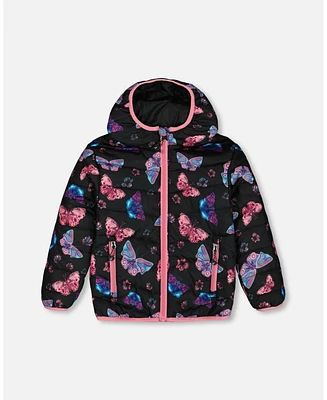 Deux par Deux Baby Girls Printed Quilted Mid-Season Jacket Multicolored Butterflies On Black Background