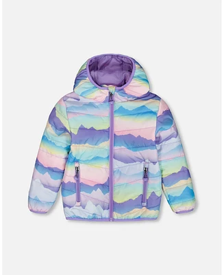 Deux par Deux Baby Girls Printed Quilted Mid-Season Jacket Mauve And Blue, Pink Mountain