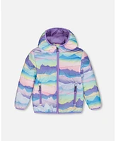 Deux par Deux Baby Girls Printed Quilted Mid-Season Jacket Mauve And Blue, Pink Mountain