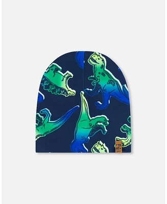 Deux par Deux Boy Printed Beanie Hat Blue And Green Dino On Navy - Toddler|Child