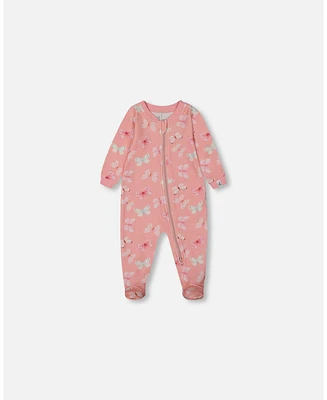 Baby Girl Printed Organic Cotton One-Piece Pajama Pink And Blue Butterflies On Old Pink - Infant