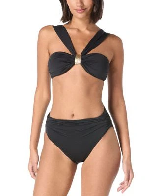 Carmen Marc Valvo Womens Embellished Bandeau Bra Swim Top Ruched Side Bikini Bottoms
