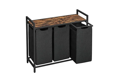 Songmics Home Laundry Hamper – 3-Bag Laundry Sorter with Pull-Out Removable Bags, Metal Frame, Rustic Brown and Black