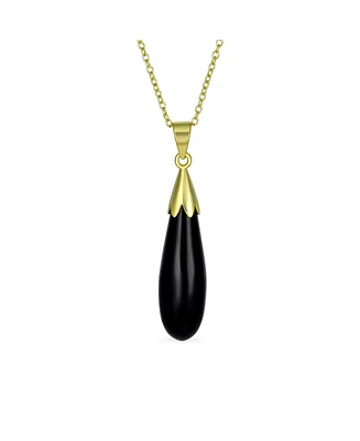 Bling Jewelry Classic Natural Stone Elongated Dangle Teardrop Pendant Necklace Gold Plated Silver